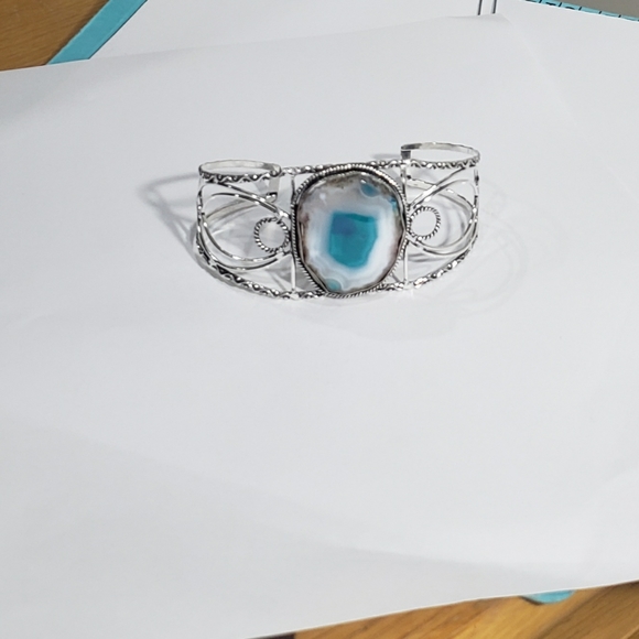 Agate Bracelet, 925 silver agate geode slice gemstone adjustable cuff bracelet - Picture 3 of 14